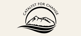 Catalyst for Change circular logo with mountain and wave illustration in black on cream background