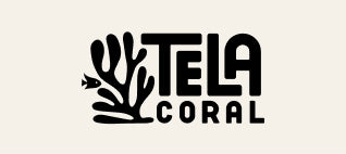 Tela Coral brand logo featuring stylized coral illustration and bold black typography on cream background