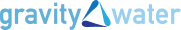 Gravity Water logo with a blue and teal geometric water drop icon beside the brand name in gray and blue text